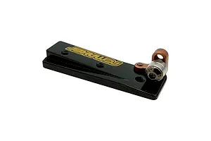 RC Maker rear belt tensioner with bearings featuring a black anodized plate and gold laser-etched logo.