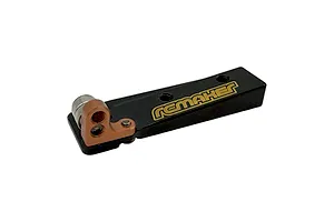 RC Maker black and copper aluminium rear belt tensioner with bearings on a white background.