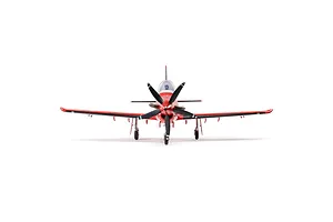 Front view of the E-Flite Pilatus PC-21 RC plane, featuring a red fuselage, black multi-blade propeller, and landing gear.