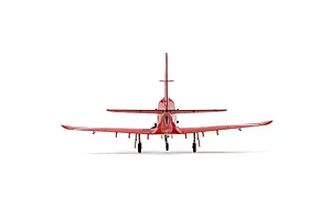 Rear view of the E-Flite Pilatus PC-21 RC airplane in a bright red livery against a clean white background.