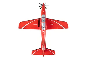Top down studio shot of the red and white E-Flite RC Pilatus PC-21 airplane model against a plain white background.
