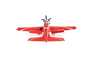 Rear-facing top-down studio shot of the red Pilatus PC-21 RC plane showing deployed flaps and wing details on a white background.