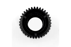 A black plastic dual transmission gear with teeth on a plain white background.