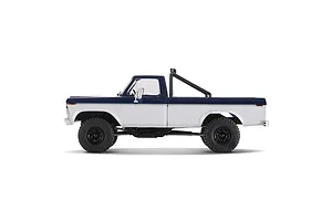 Side view profile of the FMS FCX18 II Ford F-100 RC rock crawler in blue and white on a white background.