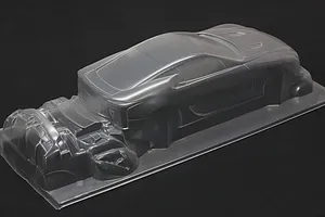Clear unpainted RC car body shell showing sleek coupe styling on a black background.