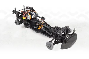 Studio product view of the assembled black chassis for the HPI Stage-D10 Ford Mustang GT RC drift car.