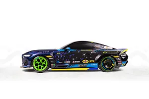 Side profile studio shot of the HPI Stage-D10 Ford Mustang GT RC Drift Car in black, blue, and green livery.