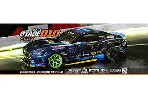 HPI Stage-D10 Ford Mustang GT RC drift car in action on an indoor track with custom livery and bright green wheels.