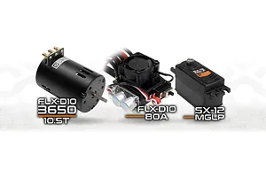 HPI FLX-D10 3650 10.5T brushless motor, FLX-D10 80A ESC with cooling fan, and SX-12 MGLP servo on a light background.