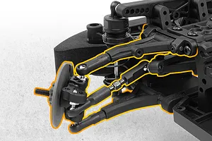 Close-up view of the front suspension and steering assembly on a 1/10 scale RC drift car chassis, highlighted with orange outlines.