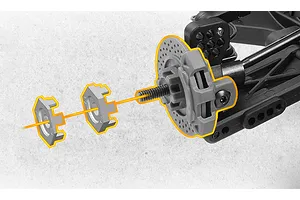 Close-up diagram of RC car wheel hub assembly with highlighted wheel hex adapters and brake disc parts.