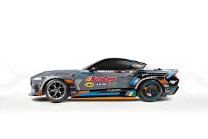 Studio side profile view of the HPI Stage-D10 Ford Mustang GT drift car with grey, black, and orange livery.