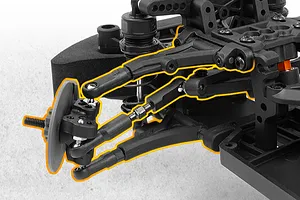 Close-up of an RC car front suspension and steering assembly with orange outline highlighting the linkage details.