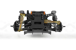 Close-up studio view of an RC car chassis rear suspension featuring adjustable geometry overlay lines and mounting holes.