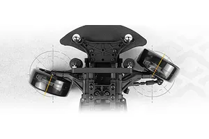 Top-down view of the front suspension and steering assembly on a 1/10 scale RC drift car chassis, highlighting wheel angle.