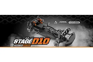 HPI Stage D10 Creator Edition RC drift car chassis shown from an elevated angled view against a promotional background.