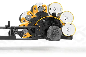 Diagram showing the adjustable motor position and gear assembly on an RC drift car chassis.