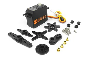 HPI SD-07WR Standard Servo with multiple plastic horns, rubber grommets, brass eyelets, and mounting screws on a white background.