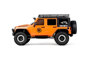 Studio side profile shot of the orange RGT Rock Cruiser Evolution V3 1/10 scale RC rock crawler on a white background.