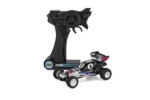 Team Associated RC28 1/28 scale electric RC buggy in Brian Kinwald edition with its black pistol-grip transmitter on white background.