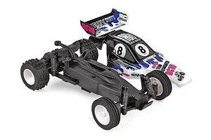 Team Associated RC buggy chassis with black body shell featuring Brian Kinwald edition livery and number 8 decals.