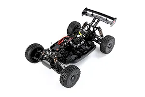 High angle studio shot of the Rovan Voyager 5 V2 RC buggy chassis in black against a white background.