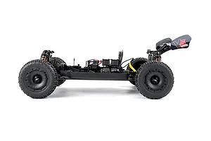 Side view of the Rovan Voyager 5 V2 1/5 scale electric brushless 4WD RC buggy chassis without body shell on a white background.