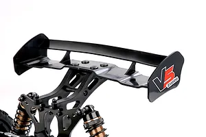 Close-up view of the rear wing and shock absorbers on the Rovan Voyager 5 V2 1/5 scale RC buggy.