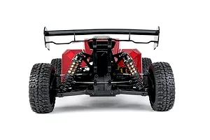 Rear view of the Rovan Voyager 5 V2 RC buggy showing dual shock absorbers, chunky treaded tires, and a large black wing against a white background.