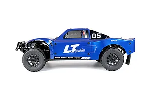Studio side profile of the Rovan ELT320S V2 blue RC short course truck showing off-road tires, black wheels, and bold white lettering.