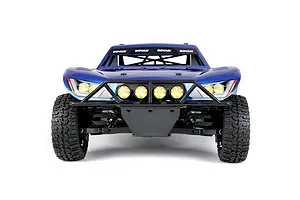 Front view of the Rovan ELT320S V2 RC short course truck in blue with a black front bumper and auxiliary lights.