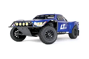 Rovan ELT320S V2 RC Short Course Truck in blue with front bull bar and auxiliary lights against a white background.