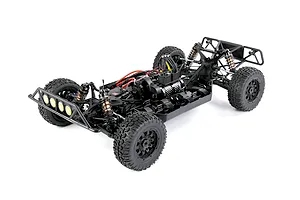 Studio shot of the Rovan ELT320S V2 1/5 scale electric RC short course truck chassis without a body shell.