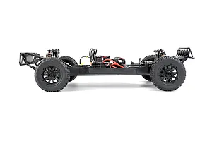 Side profile view of the Rovan ELT320S V2 RC short course truck chassis without body shell, showing black wheels, shocks, and electronics layout on a white background.
