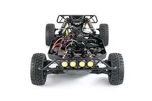 Front-facing studio shot of the Rovan ELT320S V2 1/5 scale RC short course truck chassis without body shell, showing internal components and LED lights.