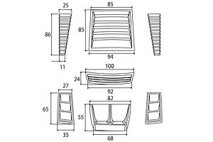Technical dimension diagram of Pandora RC Duct parts SET 3400 showing various vents and louvers with measurements.