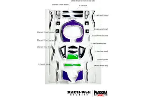 Pandora RC RWB993 Type Wide Fender Set diagram showing numbered body parts, canards, and spoilers.