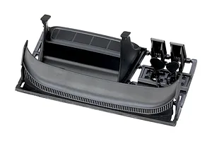 Unpainted black plastic RC car spoiler and accessories parts tree on a white background.