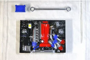 Pandora RC scale model engine set parts including a detailed red and black engine bay, blue intercooler, and silver strut bar.
