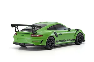Rear-three-quarter studio shot of the green Kyosho Fazer Mk2 2018 Porsche 911 GT3 RS RC car on a white background.