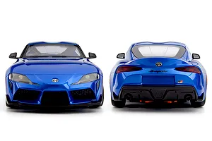 Front and rear views of the metallic blue Toyota Supra GR RC car model on a solid white studio background.