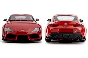 Front and rear view of the red HPI Stage D24 Toyota Supra GR RC car showing body details and badging against a white background.