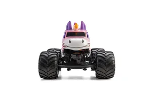 Front view of the Losi Mini LMT Sparkle Smash 1/18 RC monster truck featuring a custom unicorn body with purple ears, horn, and smiling face.