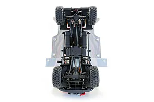 Bottom chassis view of the HobbyPlus DKR-4 Fortis 4X4 RC desert rally truck showing drivetrain, suspension links, and rubber tires.