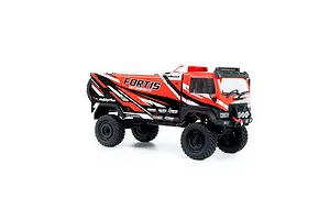 Studio shot of the HobbyPlus DKR-4 Fortis 4X4 RC Desert Rally Truck in red with black graphics against a clean white background.