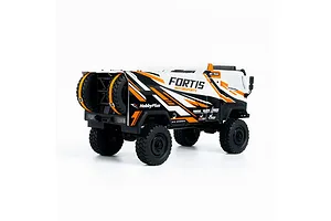 Rear three-quarter view of the HobbyPlus DKR-4 Fortis 4X4 RC desert rally truck in white, black, and orange livery against a white background.