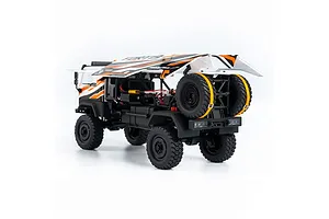 Rear three-quarter view of the HobbyPlus DKR-4 Fortis 1/18 RC desert rally truck in white with orange graphics, showing the hinged body open.