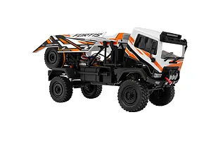 Studio product shot of the HobbyPlus DKR-4 Fortis 1/18 scale white and orange RC desert rally truck showing its chassis and spare tire.