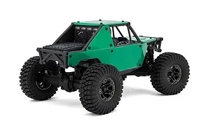 Rear-three-quarter studio shot of the green Maverick Scout-24 RC rock crawler featuring large lugged tires and black roll cage.