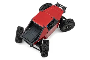 High-angle top-down view of the Maverick Scout-24 Flux 1/24 scale electric RC rock crawler in red against a white background.